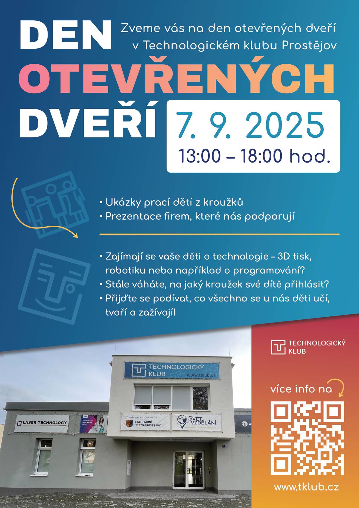 Technologický klub Prostějov nabízí 7.9.2025 Den otevřených dveří, pro děti různé kroužky, deskohraní a další.