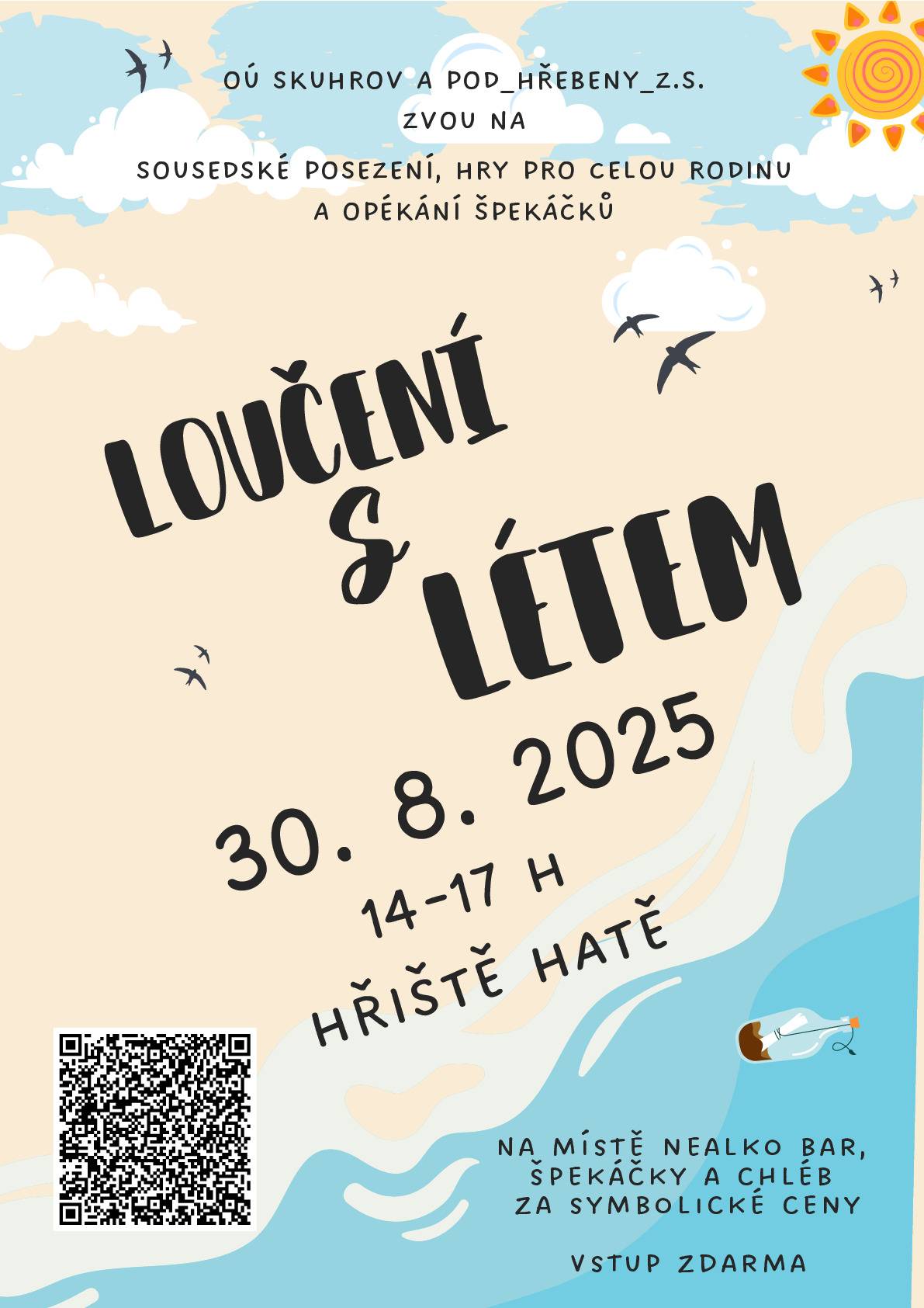 Zveme vás na sousedské posezení, které se koná 30. srpna 2025 od 14:00 do 17:00 na hřišti v Hatích. Těšit se můžete na opékání špekáčků a zábavné hry pro celou rodinu.