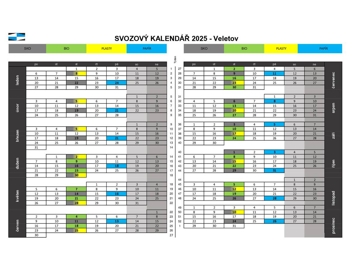 Svoz odpadu tento týden středa 20. srpna 2025 Popelnice černá - SKO Popelnice žlutá - Plasty