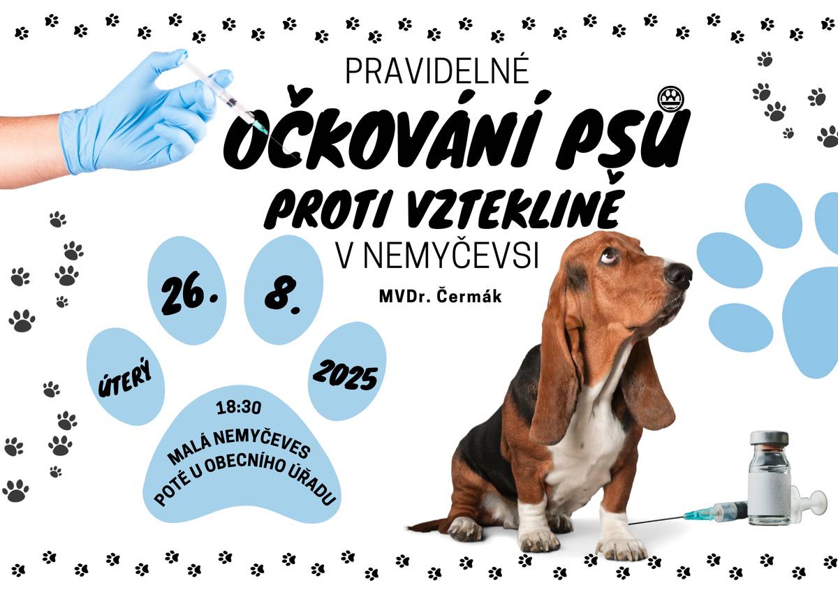 V úterý 26. srpna se v naší obci opět uskuteční očkování psů proti vzteklině - podrobnosti v příloze.