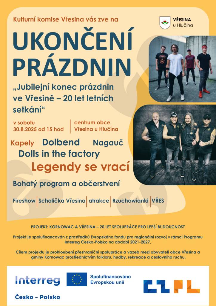 V souvislosti s akcí Ukončení prázdnin bude ve dnech 30.8. a 31.8.2025 omezen provoz v centru obce. Prosíme řidiče o respektování přechodného dopravního značení.