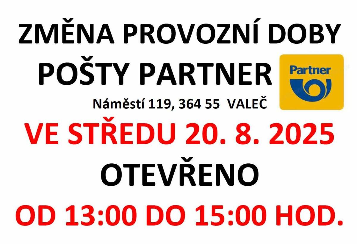 Ve středu 20.08.2025 otevřeno od 13:00 - 15:00 hod.