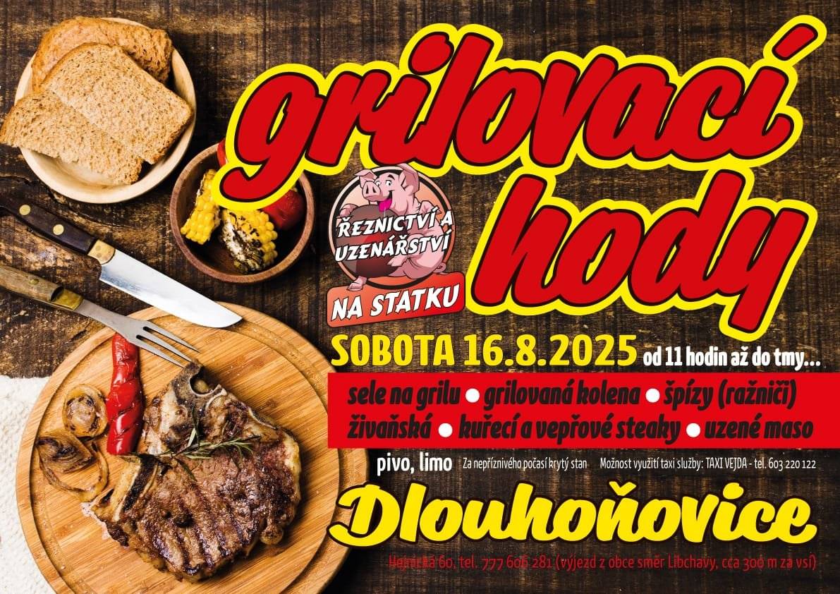 Kolektiv pracovníků řeznictví a uzenářství Na Staku Vás zvou na posezení u grilovaných specialit, další občerstvení zajištěno. V sobotu 16.8.2025. Začínáme v 11h.M.Vítek