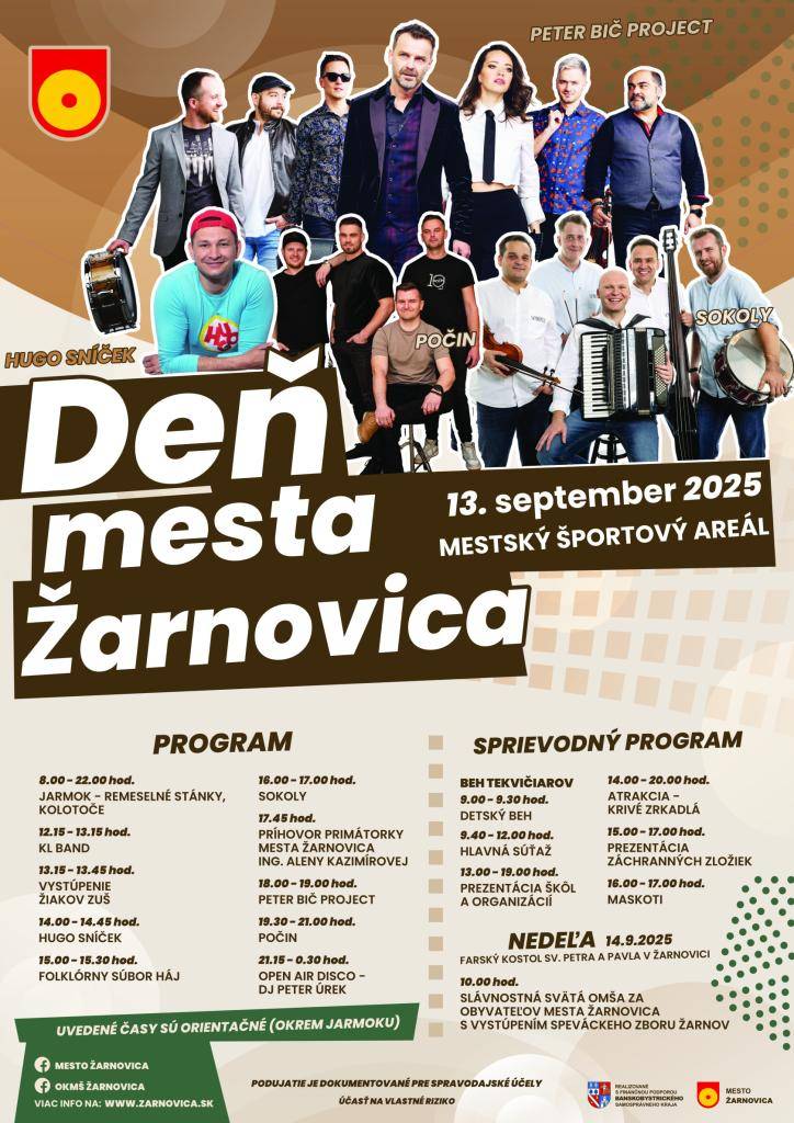 Mesto Žarnovica pozýva všetkých záujemcov na Deň mesta Žarnovica, ktorý sa uskutoční dňa 13. septembra 2025 v Mestskom športovom areáli.