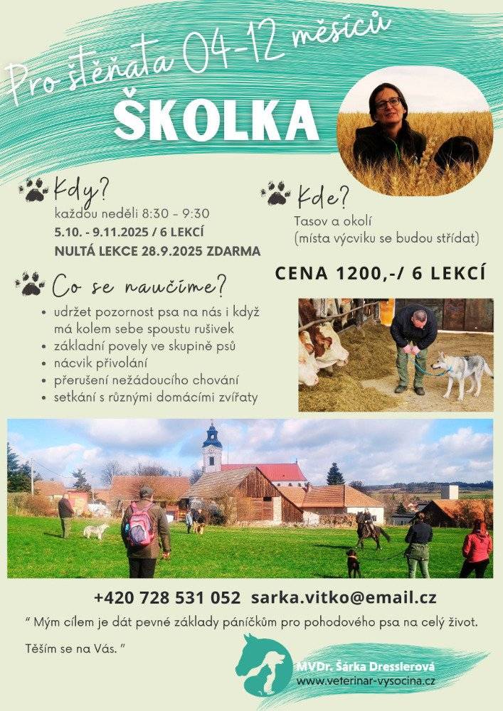 🐶 Od října bude opět probíhat výchovný kurz pro štěňata 4-12 měsíců. V případě zájmu kontaktuje p. MVDr. Šárku Dresslerovou, sarka.vitko@email.cz, +420 728 531 052.