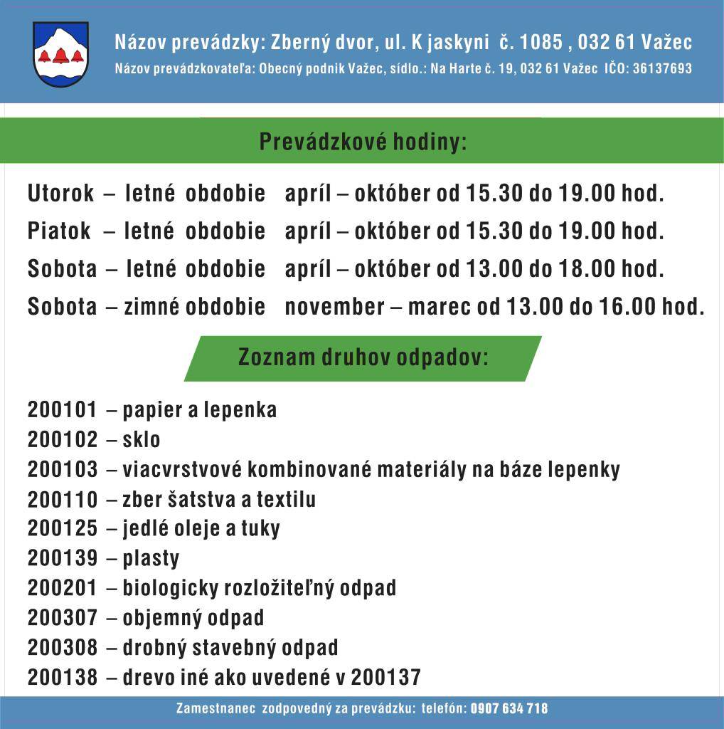 Obec informuje o prevádzke zberného dvora pre občanov na správne triedenie a likvidáciu odpadu.