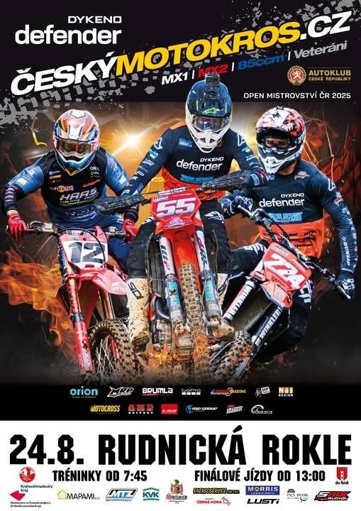 Po dlouhých 46 letech se do Rudnické rokle vrací vrcholná motokrosová akce – Mezinárodní mistrovství České republiky v motokrosu! 🏆  📅 Neděle 24. srpna 2025  🕤 od 7:45 tréninky | od 13:00 finálové jízdy  📍 areál Rudnické rokle Na startu se představí elita tříd MX1, MX2, 85 ccm a Veteránů.  Čekají vás dechberoucí souboje, napínavé momenty a nezaměnitelná atmosféra legendární tratě v Rudníku.  Přijďte si užít den plný adrenalinu, rychlosti a nezapomenutelných zážitků!  Občerstvení je zajištěno!  Těšíme se na vás!  Rudnická rokle