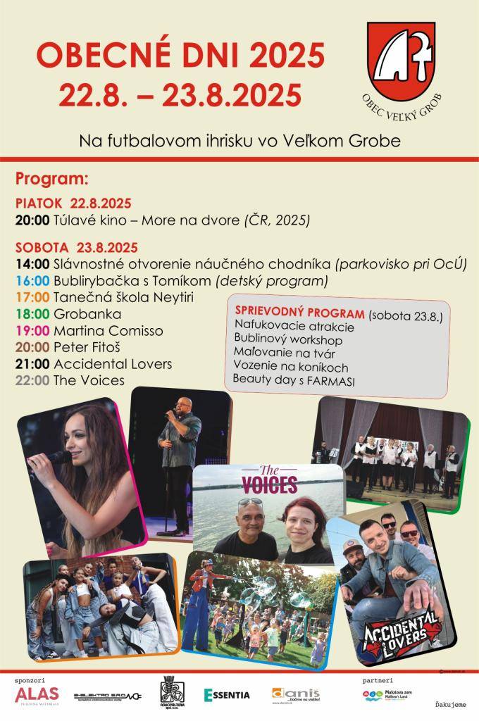 Srdečne Vás pozývame na Dni obce Veľký Grob 2025, ktoré sa budú konať už tento víkend na futbalovom ihrisku.