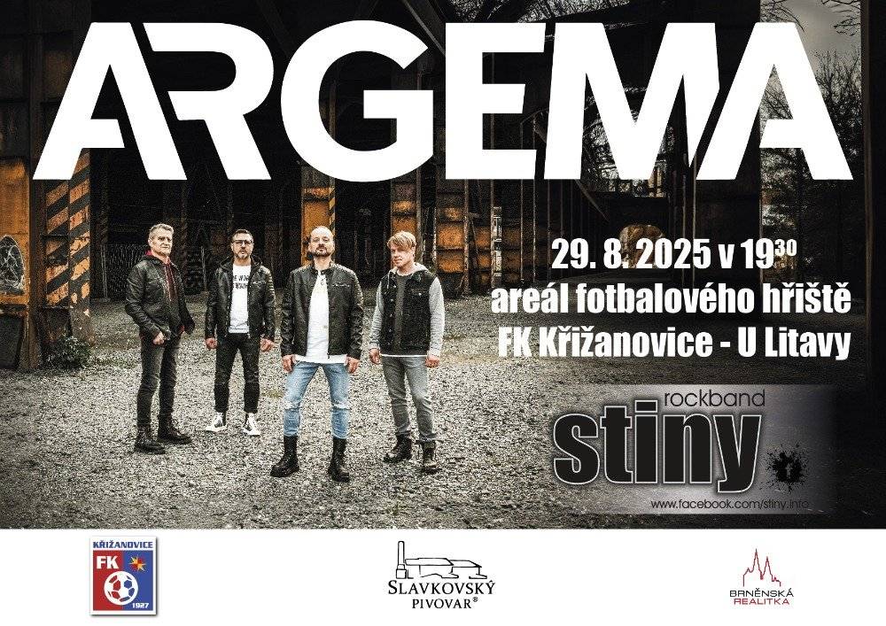 V pátek dne 29.8.2025 v areálu FK Křižanovice proběhne koncert kapel Stíny a Argema. Zahájení v 19.30 hodin.