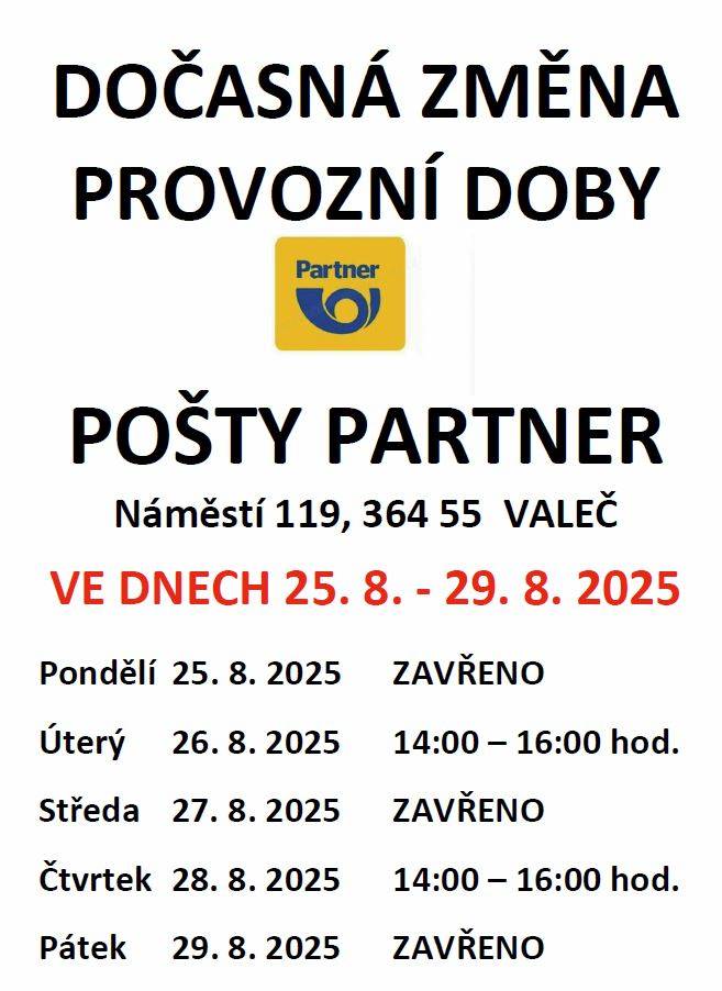 změna ve dnech:  pondělí 25.08.2025 - zavřeno  úterý   26.08.2025 - 14:00 - 16:00 h.  středa  27.08.2025 - zavřeno  čtvrtek 28.08.2025 - 14:00 - 16:00 h.  pátek   29.08.2025 - zavřeno