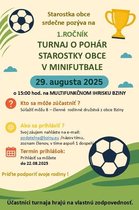 Starostka obce Vás pozýva na 1.ročník  - Turnaj o pohár starostky obce v minifutbale.
