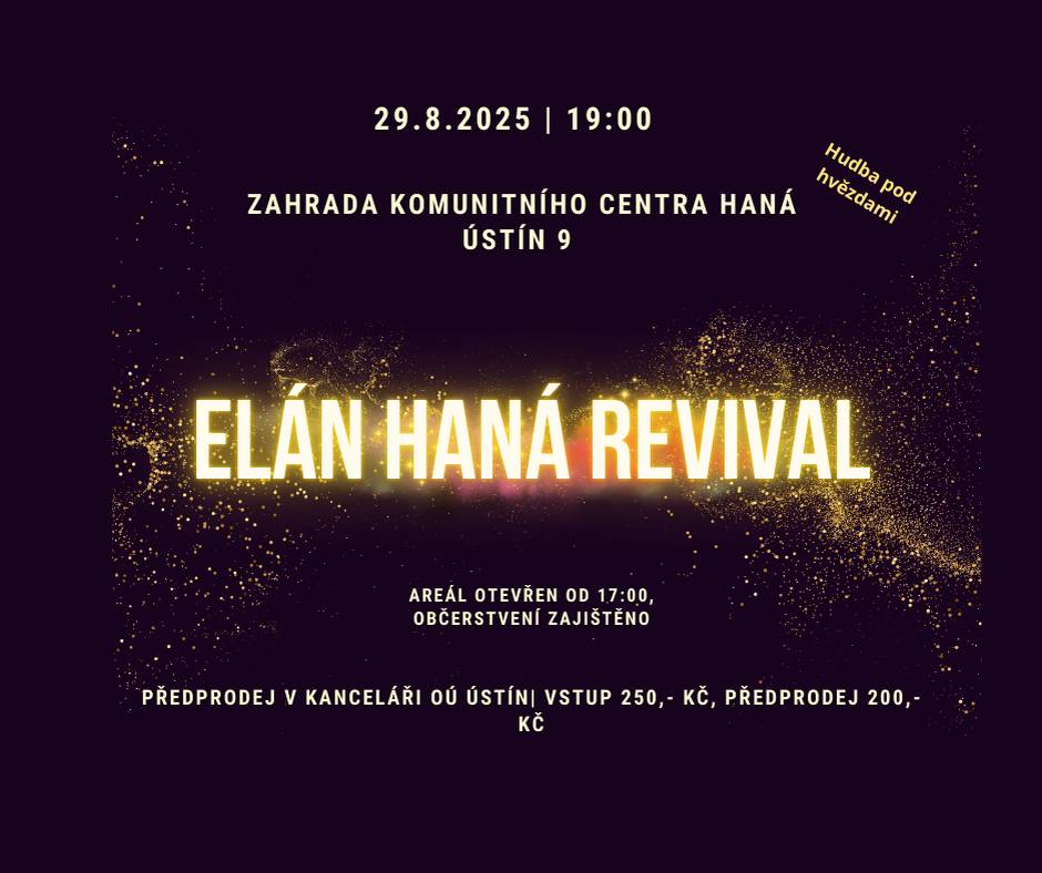 Srdečně vás zveme na vystoupení hudební skupiny ELÁN Haná  Revival, které se uskuteční na zahradě pod širým nebem. Připravili jsme posezení, romantická světýlka, která  večer rozsvítí prostor a vytvoří kouzelnou atmosféru pro příjemný letní večer. Těšit se můžete na skvělou hudbu a zajištěné občerstvení, které podtrhne pohodovou náladu celého večera. Přijďte si užít hudbu, pohodu a krásný večer s přáteli – těšíme se na vás! 🎤🍹🌿