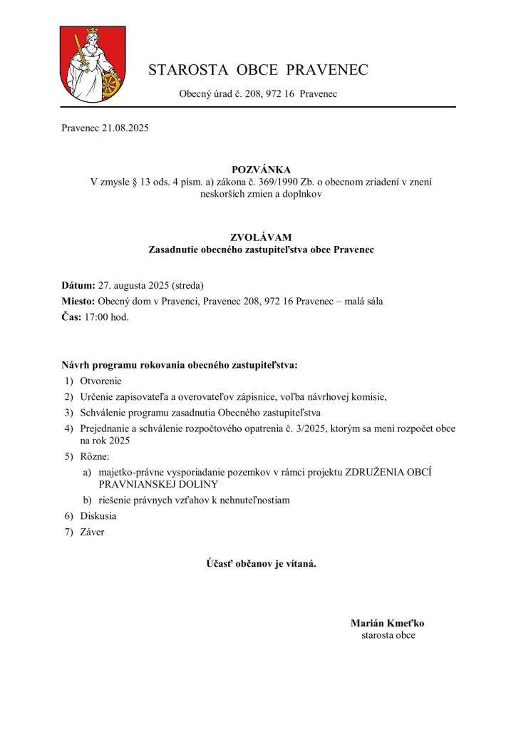 Zasadnutie obecného zastupiteľstva  27.08.2025