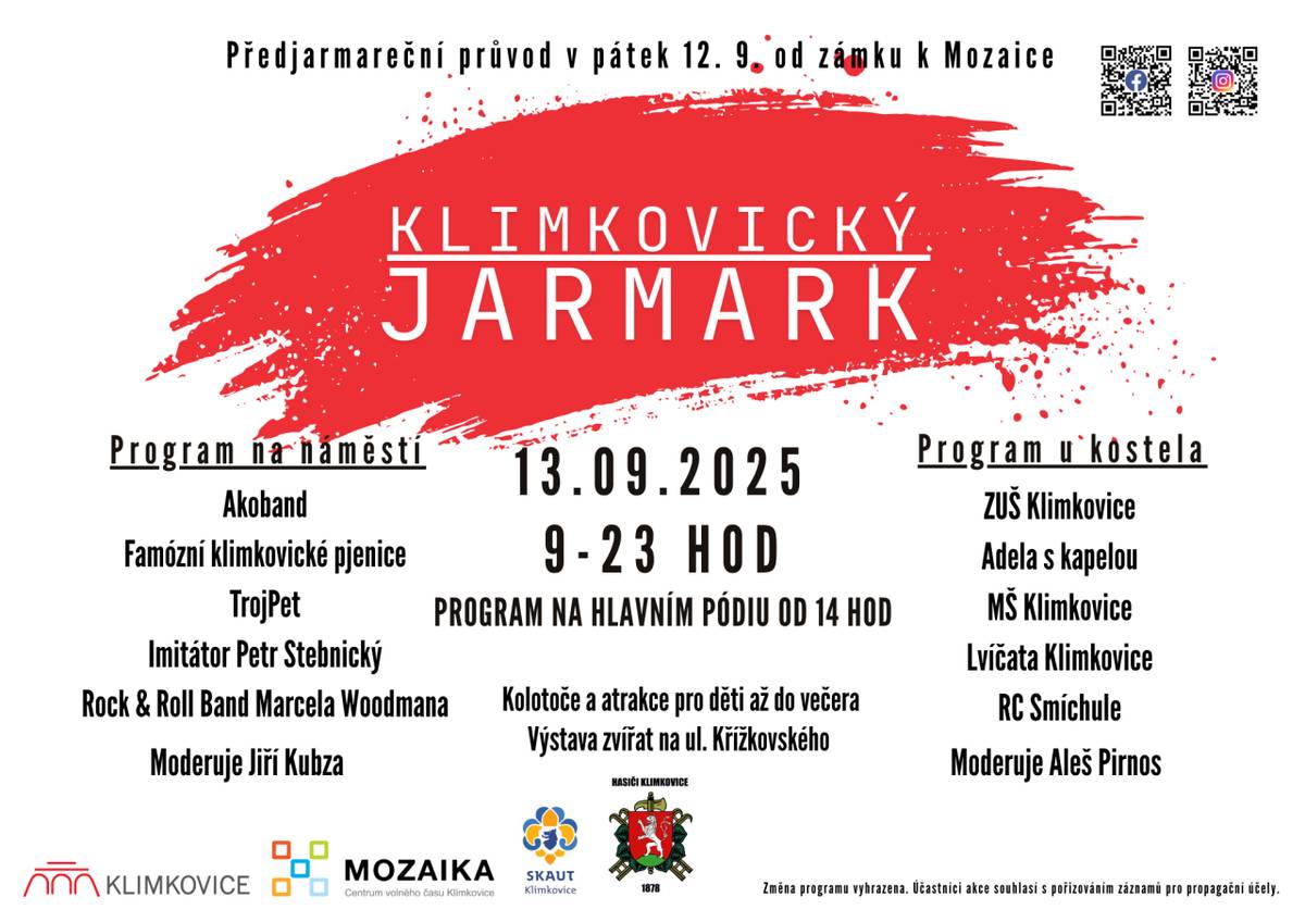 Tradiční Klimkovický jarmark se uskuteční v sobotu 13. září 2025. Čeká vás bohatý kulturní program, hudba, atrakce pro děti i výstava zvířat. Přijďte si užít den plný zábavy.