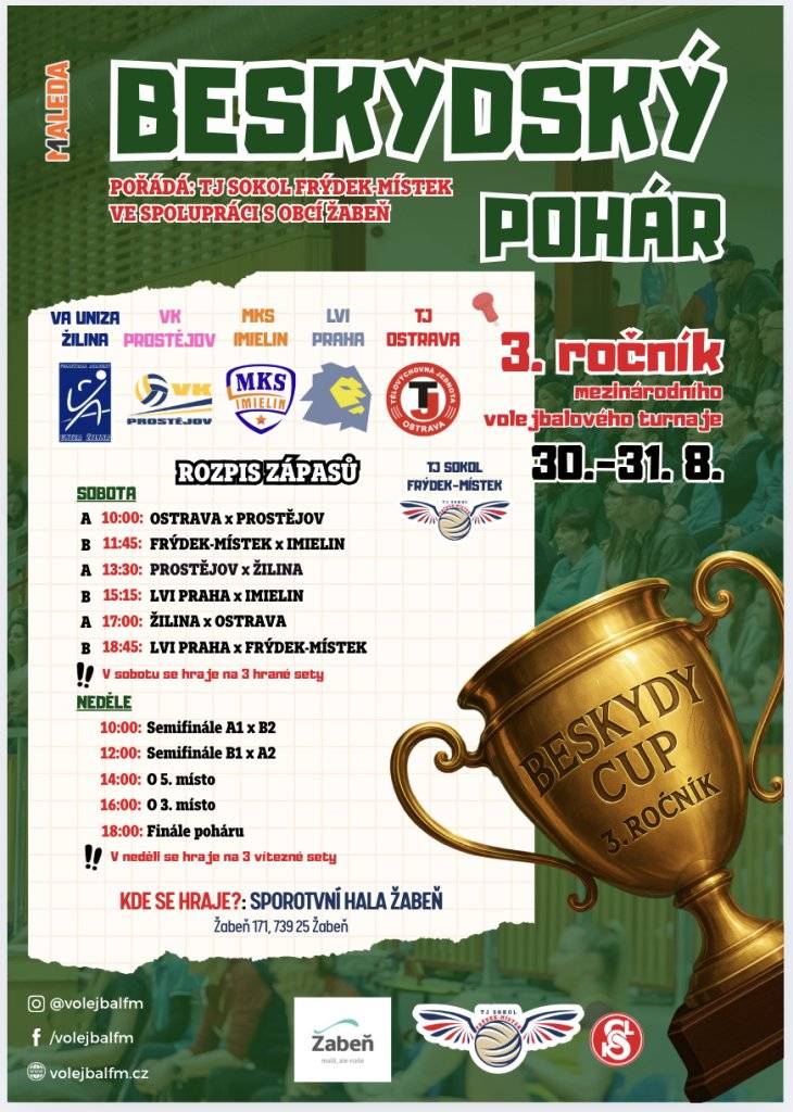 Ano, je to tak 30.–31. srpna 2025 se naše sportovní hala v Žabni stane dějištěm prvního mezinárodního volejbalového turnaje!🔥 Přijďte podpořit sportovní atmosféru, vidět špičkový volejbal a zažít napínavé zápasy týmů z domova i ze zahraničí. 📅Kdy: 30.–31. 8. 2025, od 10:00 hodin. 📍Kde: Sportovní hala, Žabeň Skvělá atmosféra zaručena!👏 Přijďte fandit a být u toho – volejbalová historie v Žabni začíná právě teď!