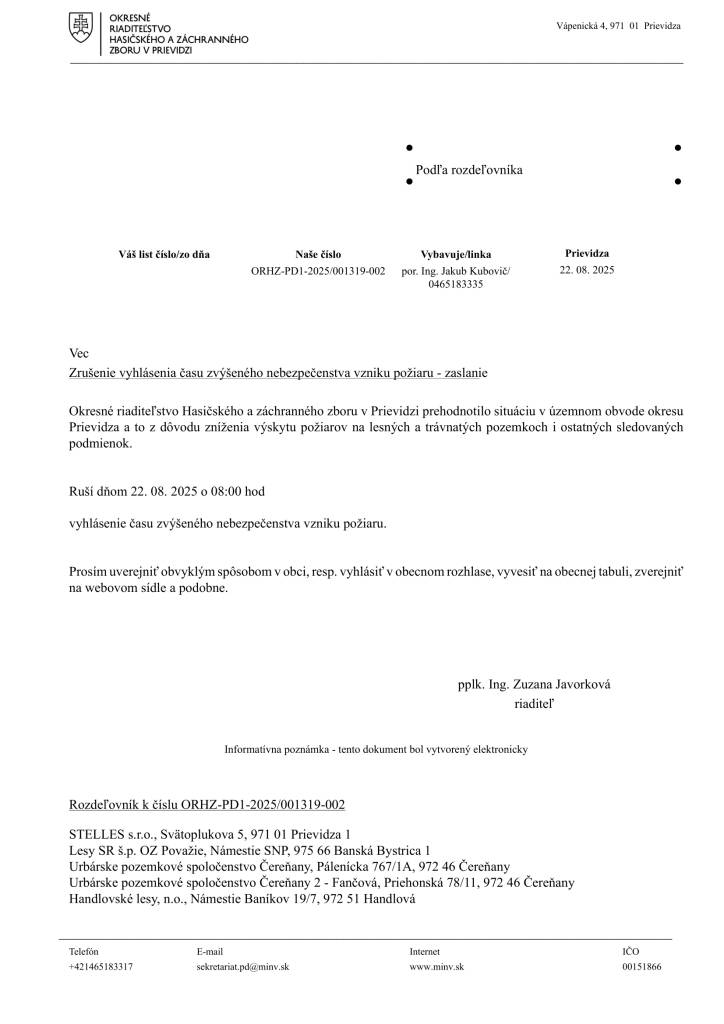 Zrušenie vyhlásenia času zvýšeného neb. vzniku požiaru v roku 2025