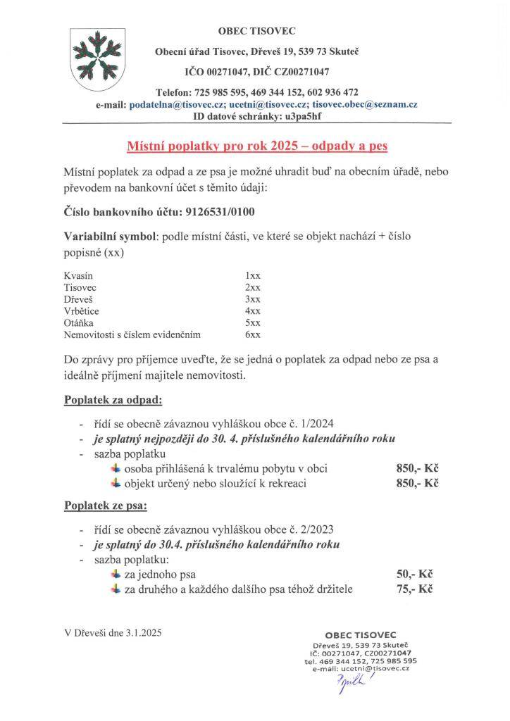 Informujeme občany o výši místních poplatků za svoz odpadů a za psy pro rok 2025.
