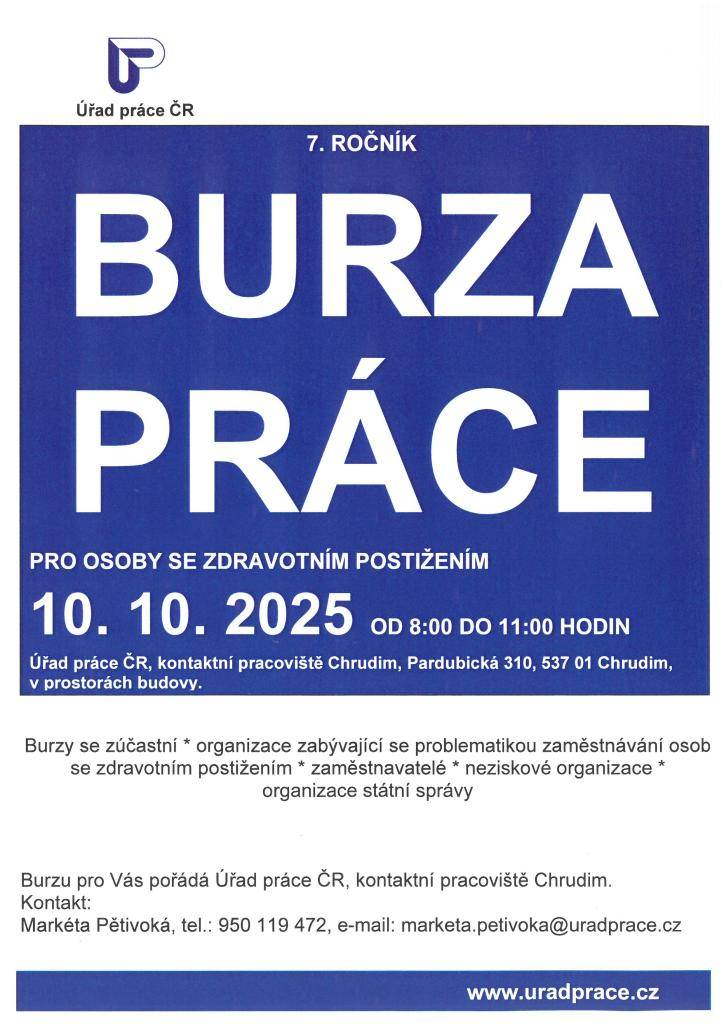 Úřad práce ČR pořádá burzu práce pro osoby se zdravotním postižením, která se uskuteční 10. října 2025 od 8:00 do 11:00 hodin v Chrudimi.