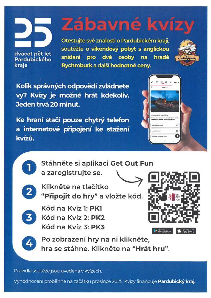 Dnem Pardubického kraje v pátek 20.6. odstartovala série tří nových kvízů na platformě Get Out Fun. Hlavní cenou je víkendový pobyt pro dva s anglickou snídaní z Hradní spižírny na hradě Rychmburk v sezóně 2026. Soutěž potrvá do 30. listopadu 2025 a výherce bude vylosován začátkem prosince.