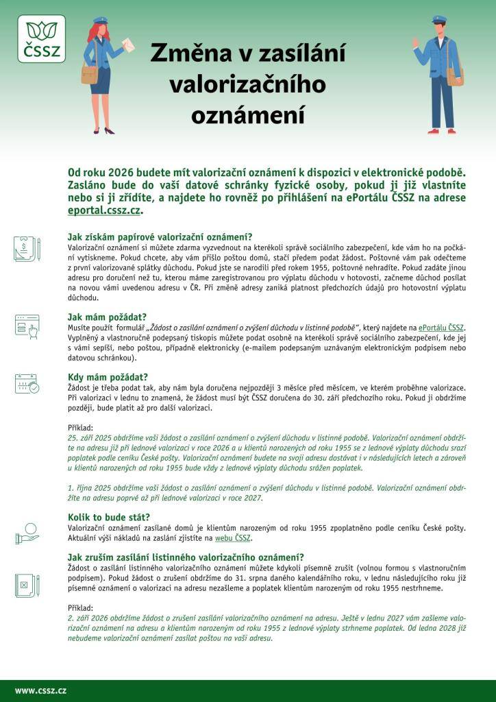 Příjemci důchodu nebudou od roku 2026 dostávat do schránky valorizační oznámení a bude k dispozici pouze v elektronické podobě. Kdo má zájem o papírové oznámení musí doručit do 30. září 2025 České správě sociálního zabezpečení písemnou Žádost o zasílání oznámení o zvýšení důchodu v listinné podobě.