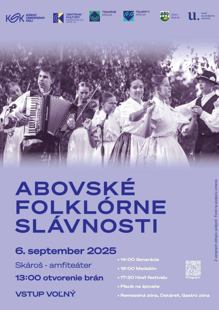 Obec Skároš pozýva na Abovské folklórne slávnosti, ktoré sa uskutočnia v amfiteátri v septembri 2025. Vstup na podujatie je voľný a brány sa otvoria o 13:00.