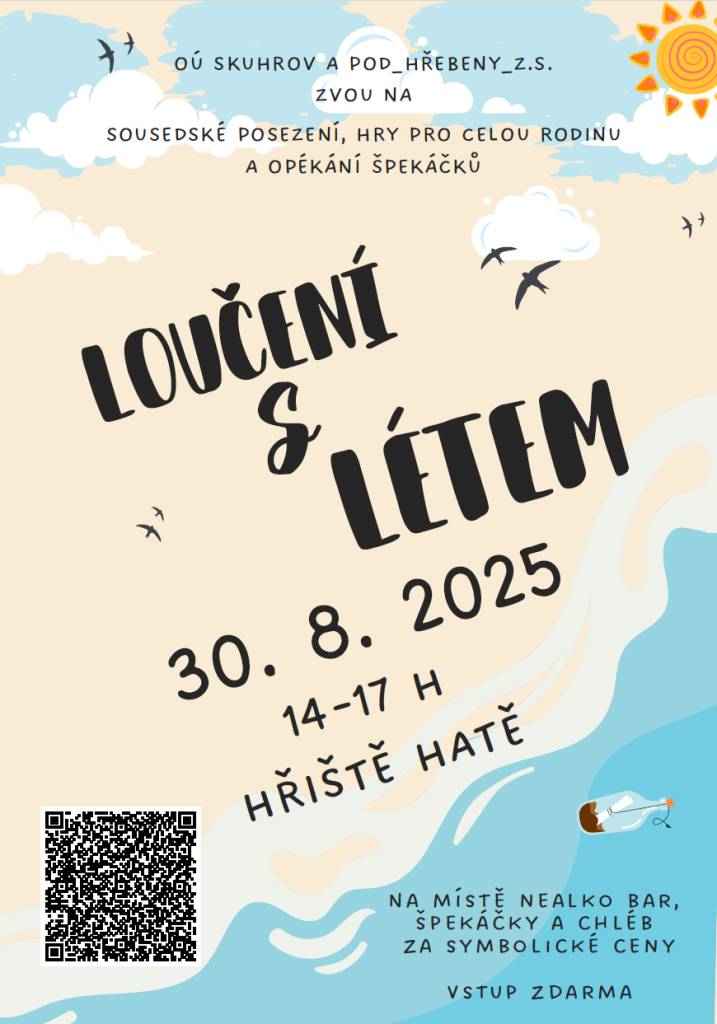 Zveme vás na sousedské posezení, které se koná 30. srpna 2025 od 14:00 do 17:00 na hřišti v Hatích. Těšit se můžete na opékání špekáčků a zábavné hry pro celou rodinu.