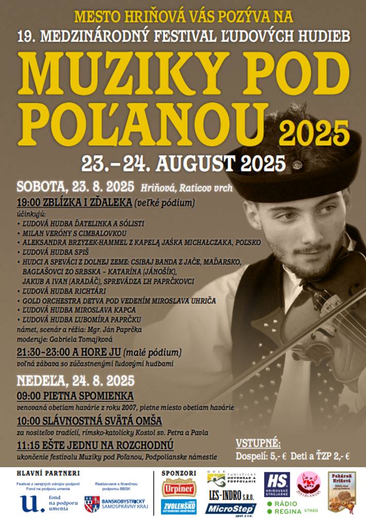 Mesto Hriňová Vás pozýva na 19. Medzinárodný festival ľudových hudieb Muziky pod Poľanou 2025