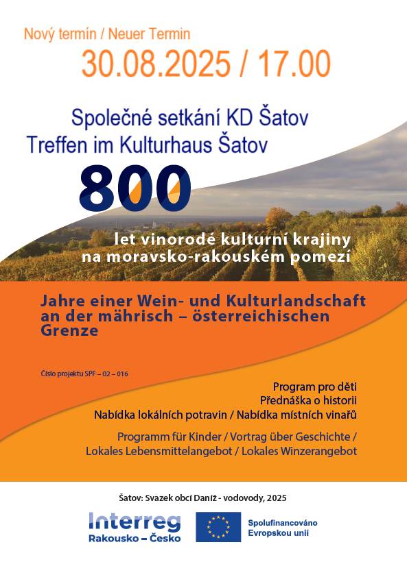 Společné setkání proběhne v náhradním termínu 30.08.2025 od 17.00 hodin v KD Šatov.