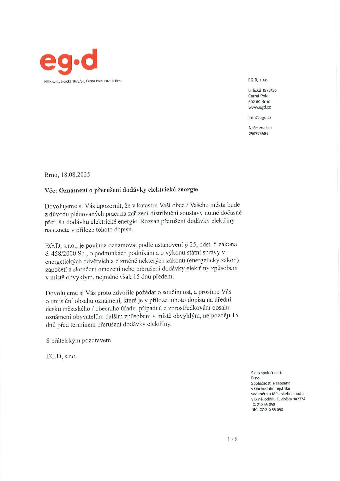 Oznámení opřerušení dodávky elektrické energie v obci Holečkov, Hradiště a Krtely Dne 11.9.2025 od 7:30 do 15:00