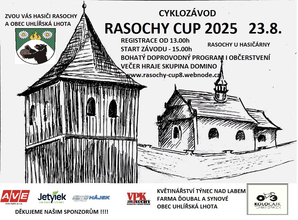 Zveme všechny příznivce cyklosportu a dobré zábavy na 9. ročník cyklozávodu, který se bude konat v sobotu 23.8.2025 od 13.00 hodin v Rasochách.