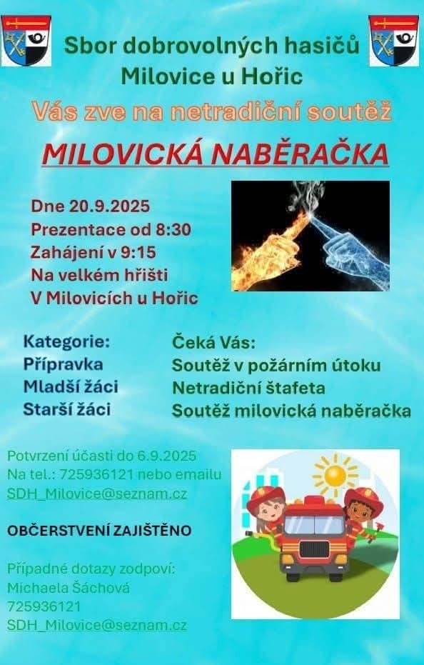 Sbor dobrovolných hasičů vás zve na Milovickou naběračku.  soutěž v požárním útoku netradiční štafeta soutěž Milovická naběračka občerstvení zajištěno