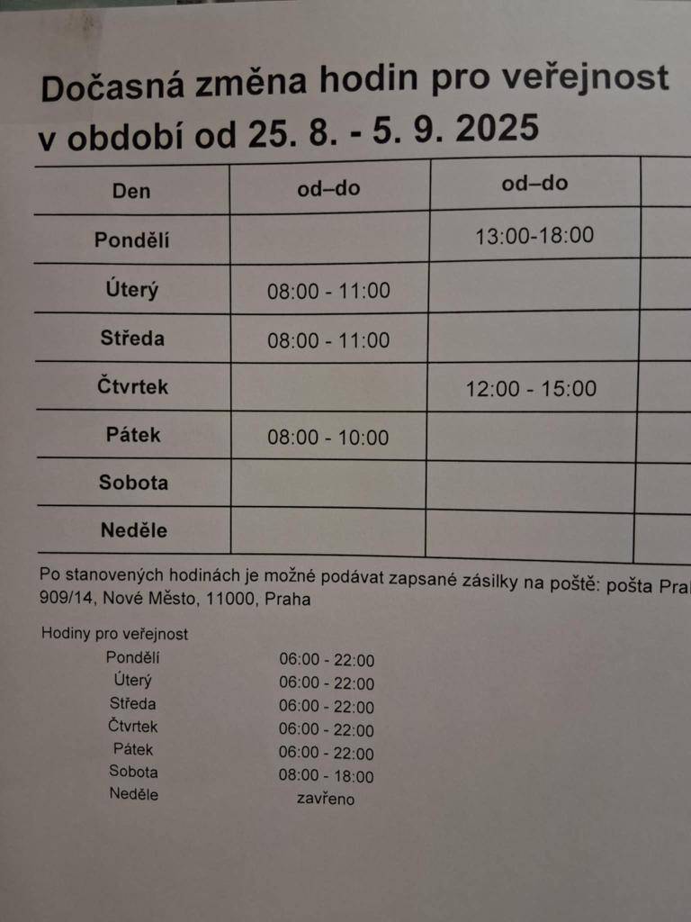 Dočasná změna hodin pro veřejnost od 25.8. - 5.9.2025  Pondělí: 13:00-18:00  Úterý: 08:00-11:00  Středa: 08:00-11:00  Čtvrtek: 12:00 - 15:00  Pátek: 08:00-10:00