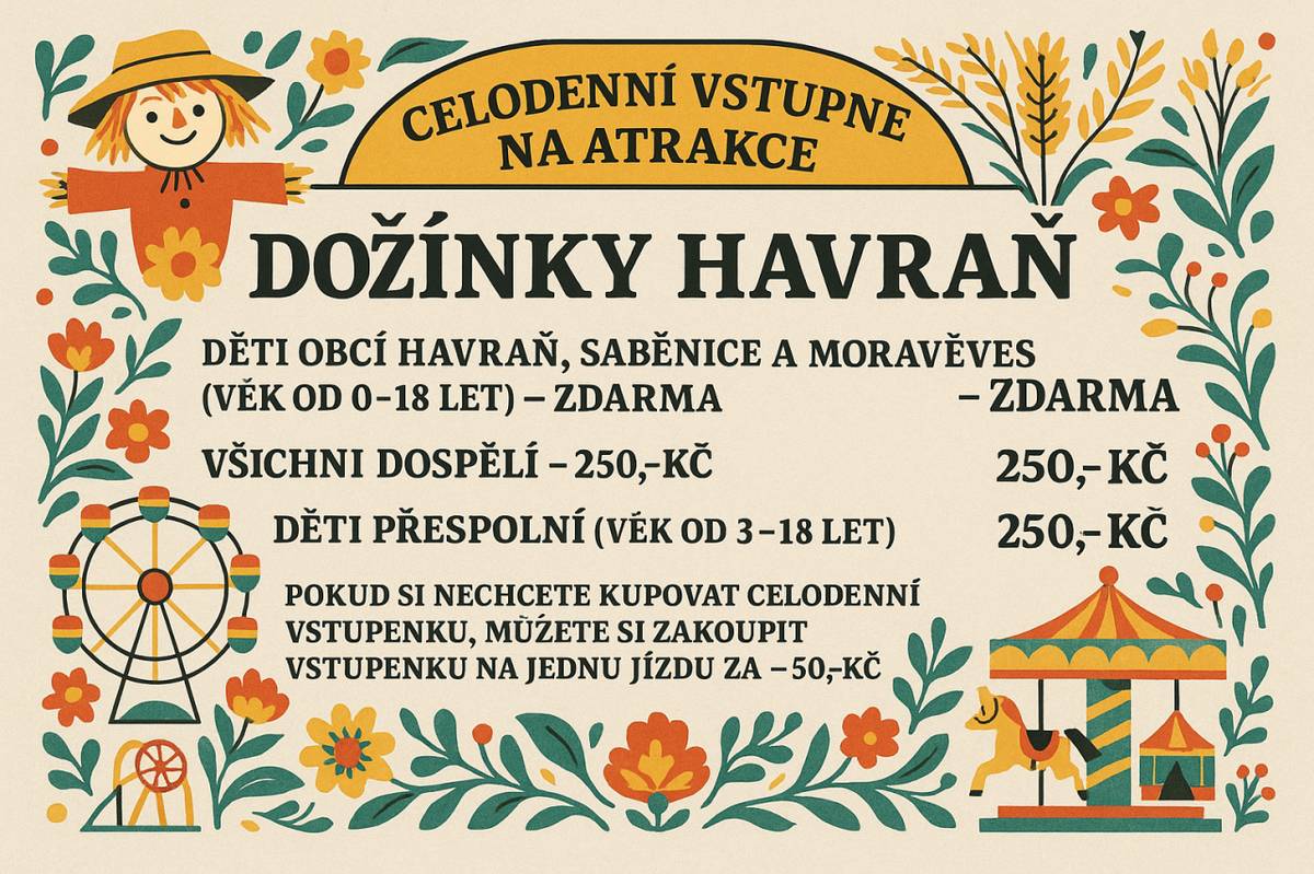Vážení občané,  přikládáme ceník na zítřejší Dožínky 2025. Startujeme v 15:00 na hřišti v Havrani — máme se na co těšit!