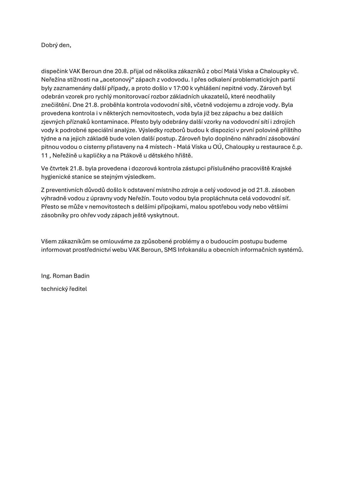 Vyjádření o  dalším postupu   zásobování vodou