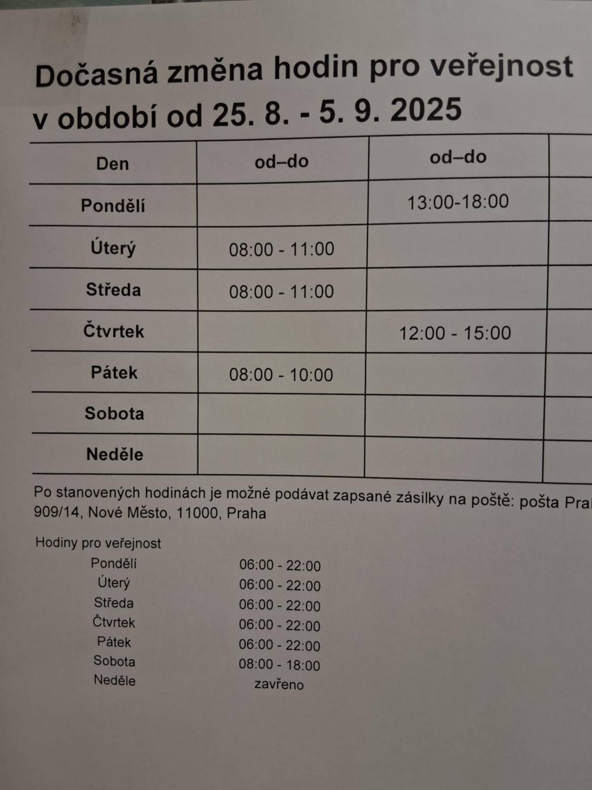 Dočasná změna hodin pro veřejnost od 25.8. - 5.9.2025 Pondělí: 13:00-18:00 Úterý: 08:00-11:00 Středa: 08:00-11:00 Čtvrtek: 12:00 - 15:00 Pátek: 08:00-10:00