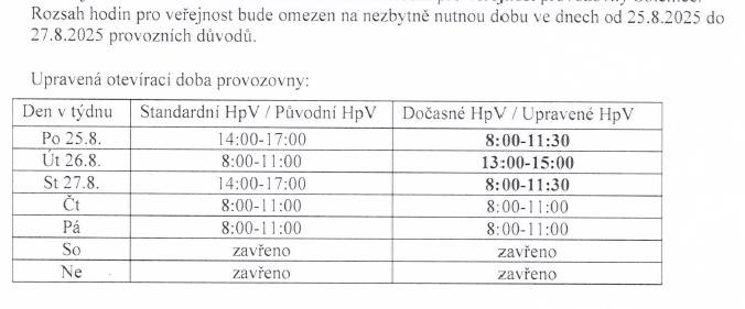 Rozsah hodin pro veřejnost bude omezen na nezbytně nutnou dobu ve dnech od 25.08.2025 do 27.08.2025 z provozních důvodů.