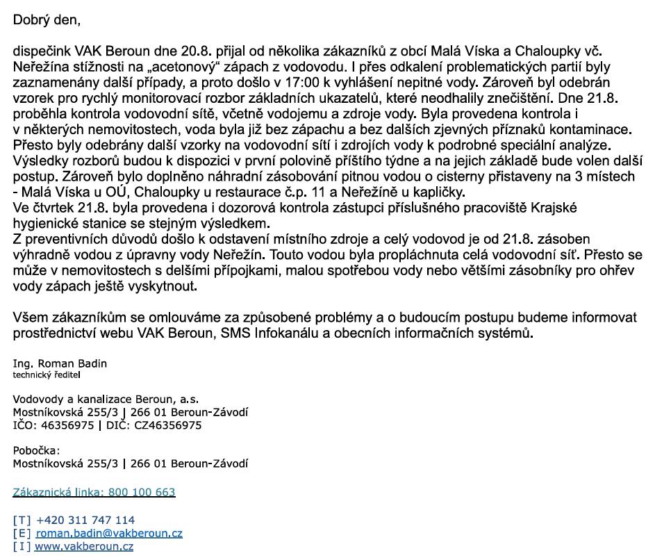Havárie vody - informace