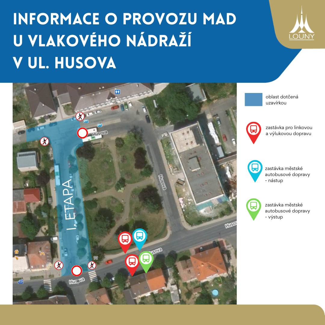 Vážení občané,  rádi bychom vás informovali o zrušení autobusových zastávek před budovou vlakového nádraží.     Náhradní autobusové zastávky jsou zřízeny v parkovacích pruzích u silnice II/246 (hlavní komunikace v ulici Husova nad budovou vlakového nádraží).     Stavební práce budou probíhat do 31. 12. 2025.     Děkujeme za pochopení a žádáme vás o trpělivost.