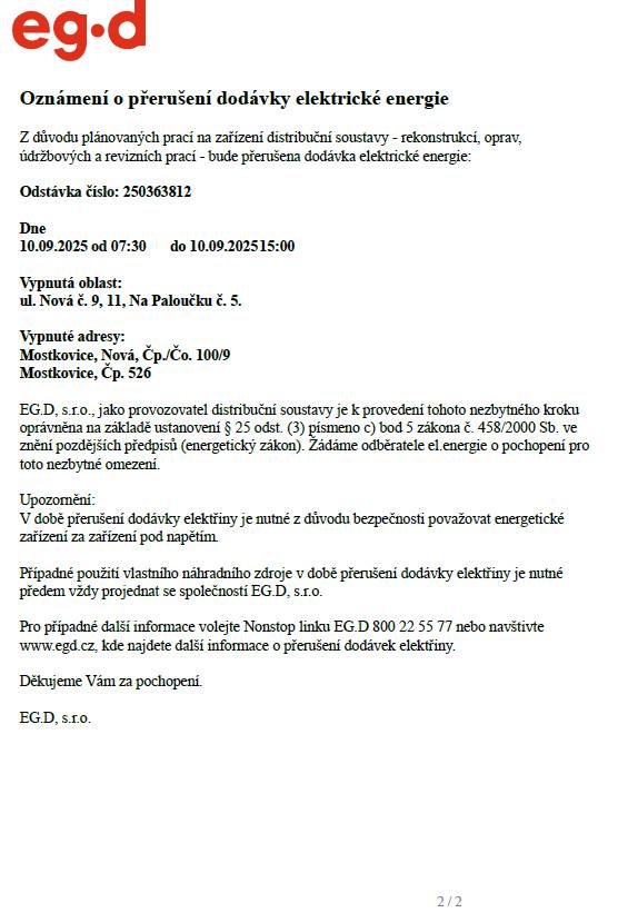 EG.D, s.r.o. oznamuje plánované přerušení dodávky elektřiny v Mostkovicích dne 10.09.2025 od 7:30 do 15:00.