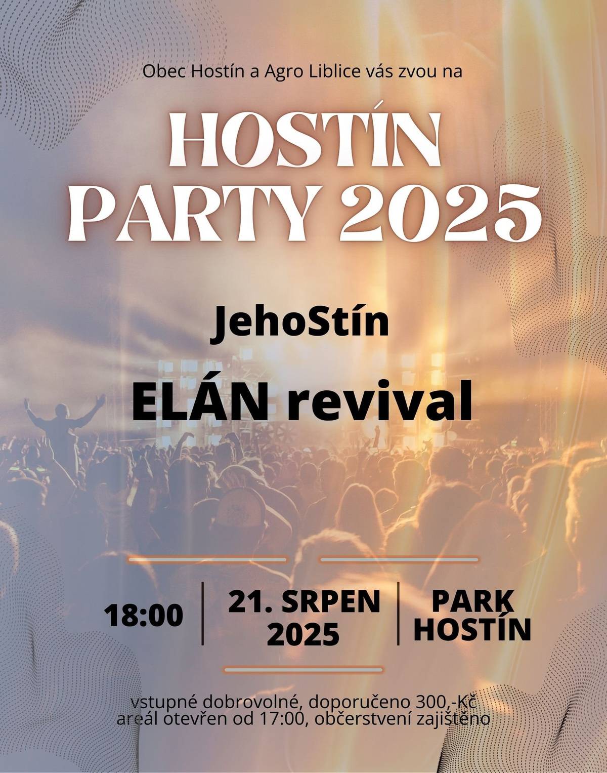 Srdečně zveme na zítřejší koncert v Hostínském parku. Zahrajou kapely JeHostín a Elán revival.  📍21.8.25 od 18 hod.  Občerstvení zajištěno.  Přijďte si užit příjemný večer.