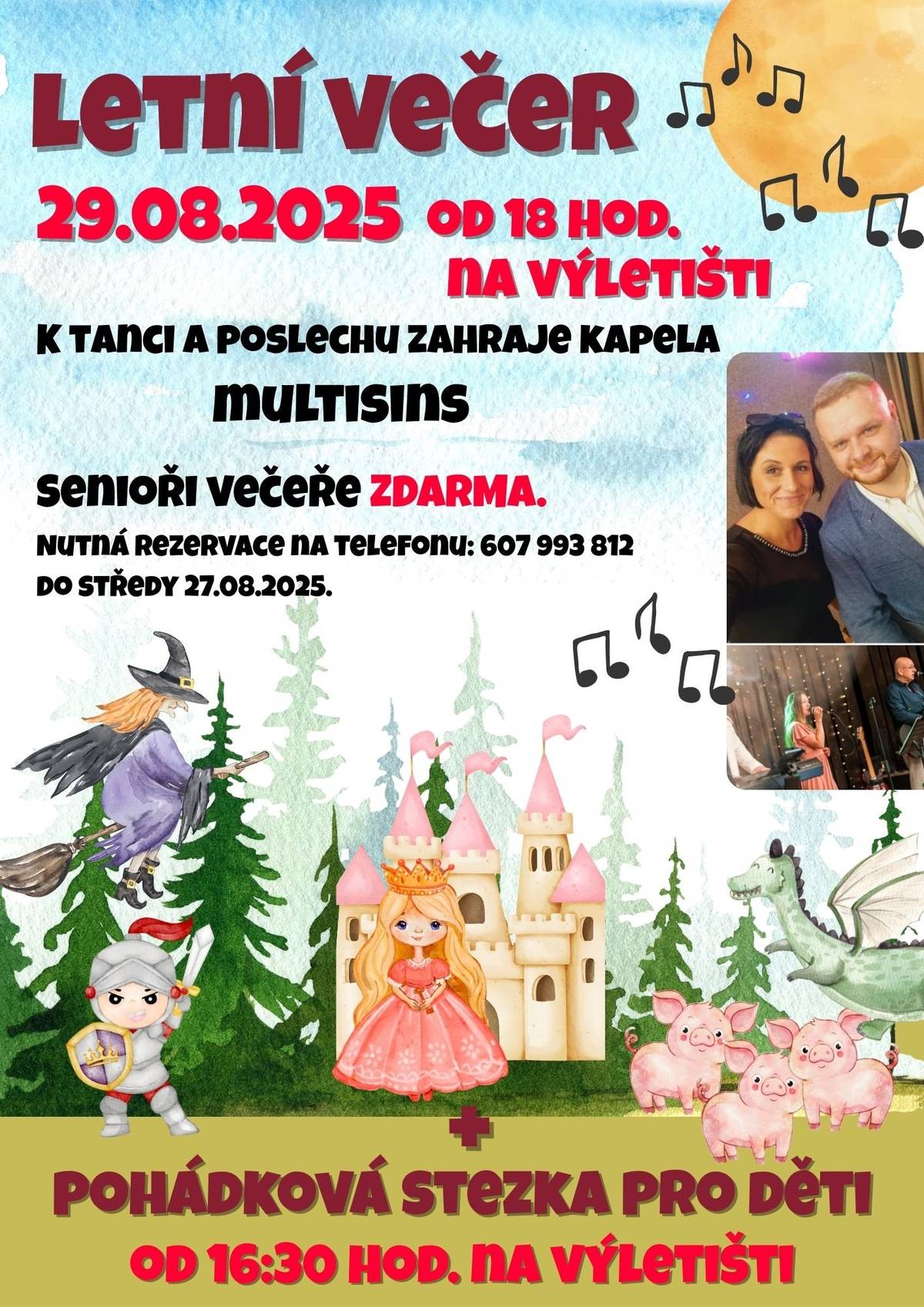 📣 POZVÁNKA NA LETNÍ VEČER A POHÁDKOVOU STEZKU 🎶🌞 Obec a SRPŠ srdečně zve všechny občany na Letní večer, který se uskuteční v pátek 29. srpna 2025 od 18:00 hodin na výletišti. 🎵 K tanci a poslechu zahraje kapela MULTISINS. 🍽 Senioři mají večeři ZDARMA – nutná rezervace na tel.: 607 993 812 do středy 27. 8. 2025. A pro naše nejmenší máme připravenou: 👑 POHÁDKOVOU STEZKU PRO DĚTI, začíná v 16:30 hodin na výletišti. Přijďte si užít zábavné odpoledne plné pohádkových postav.