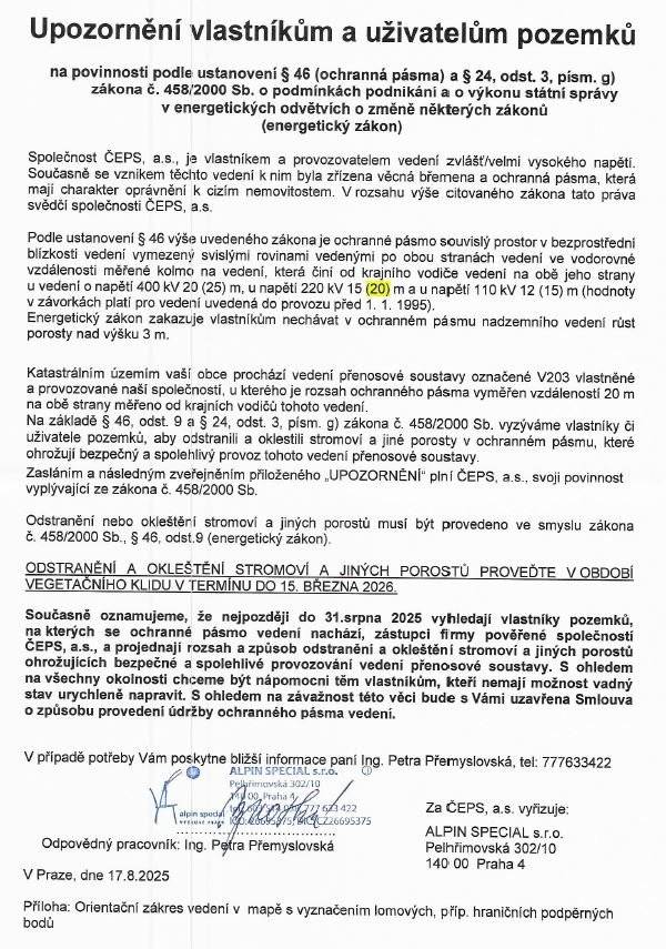 Odstranění a okleštění stromoví a jiných porostů proveďte v období vegetačního klidu v termínu do 15.3.2026.