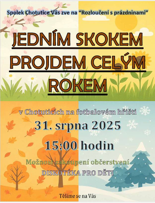 Spolek Chotutice Vás srdečně zve na akci s názvem „Jedním skokem projdem celým rokem“.Těšit se můžete na zábavné odpoledne, kde společně „proskáčeme“ všemi ročními obdobími. Připraven je program pro děti, diskotéka a možnost zakoupení občerstvení. Přijďte si užít poslední prázdninový den.