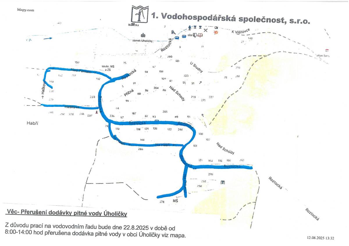 Z důvodu údržby vodovodního řadu bude zítra 22.8. od 8 do 14 hodin přerušena dodávka pitné vody v horní části obce - Roztocká,Haškova,Na Chlumci,Na Habří a Nad Parkem.