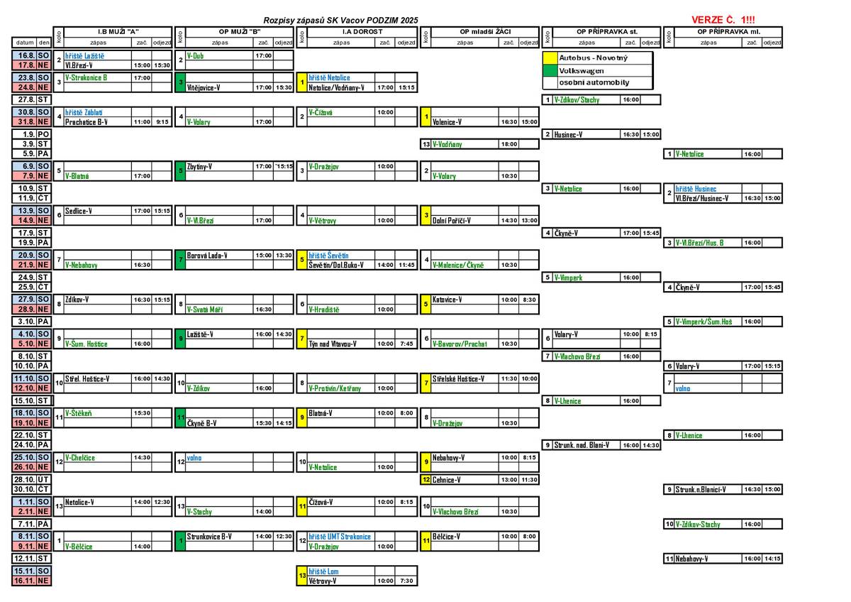 Pro příznivce vacovského fotbalu je v příloze rozpis zápasů všech týmů SK Vacov verze č. 1. V průběhu podzimu mohou nastat dílčí změny, sledujte proto www stránky a fb SK Vacov.