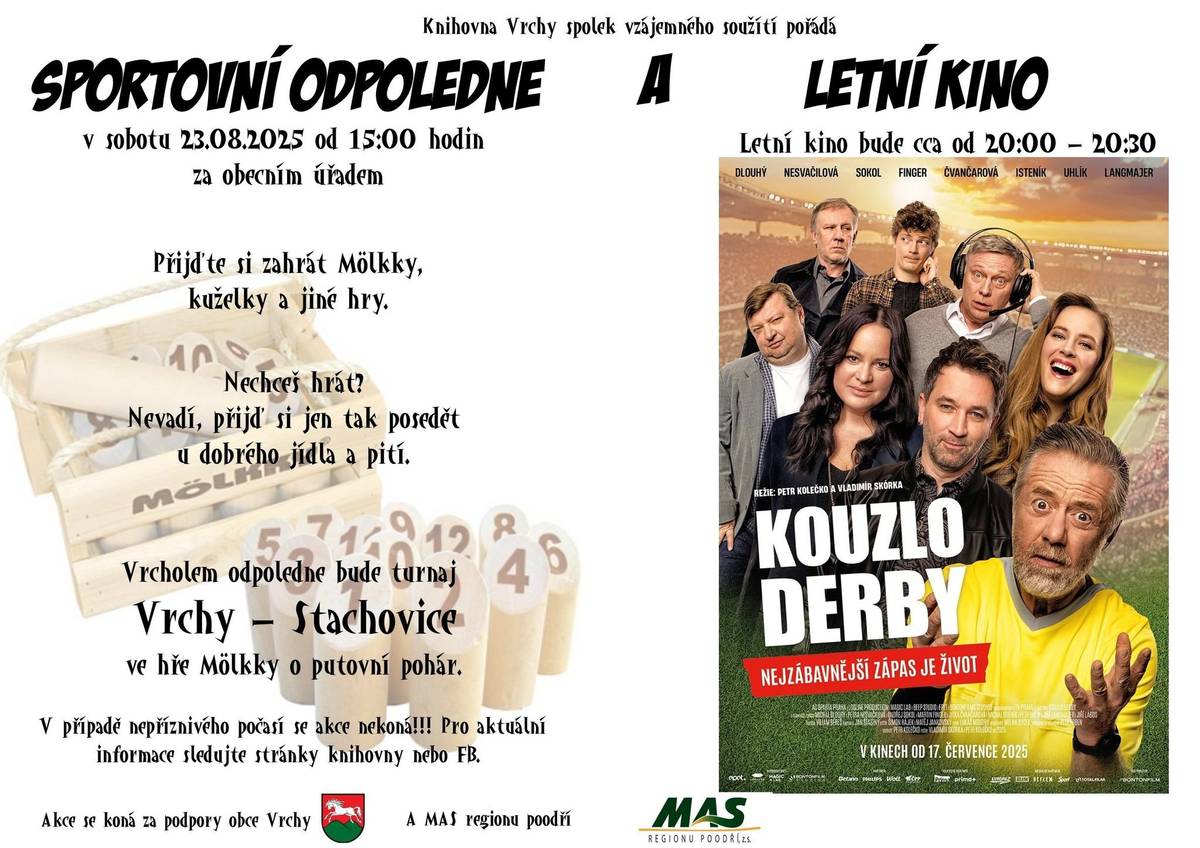 Neseď doma a přijď se bavit! Knihovna Vrchy Vás srděčně zve v sobotu 23.08.2025 od 15,00 hod. za obecní úřad. Molkky jednotlivci, molkky turnaj a po setmění film Kouzlo derby.  Občerstvení zajištěno, vstupné dobrovolné.  Film není vhodný pro děti do 12 let!
