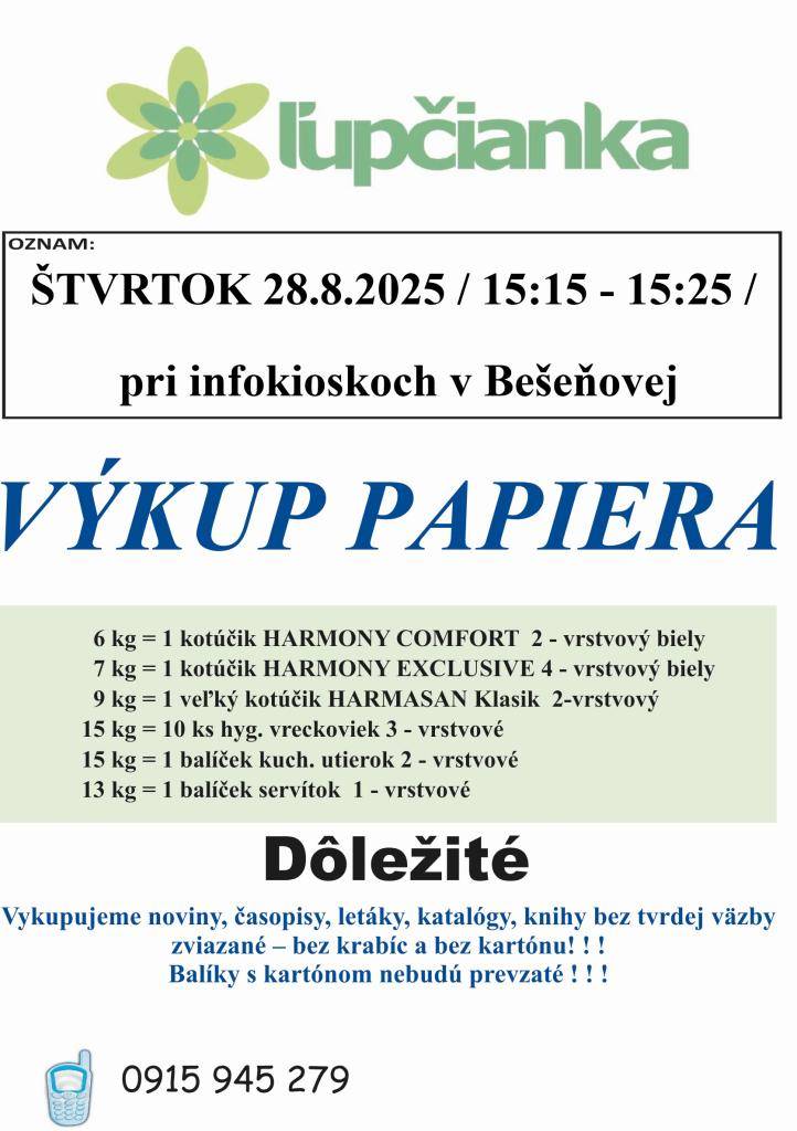 ŠTVRTOK 28.8.2025 / 15:15 - 15:25 /   pri infokioskoch v Bešeňovej
