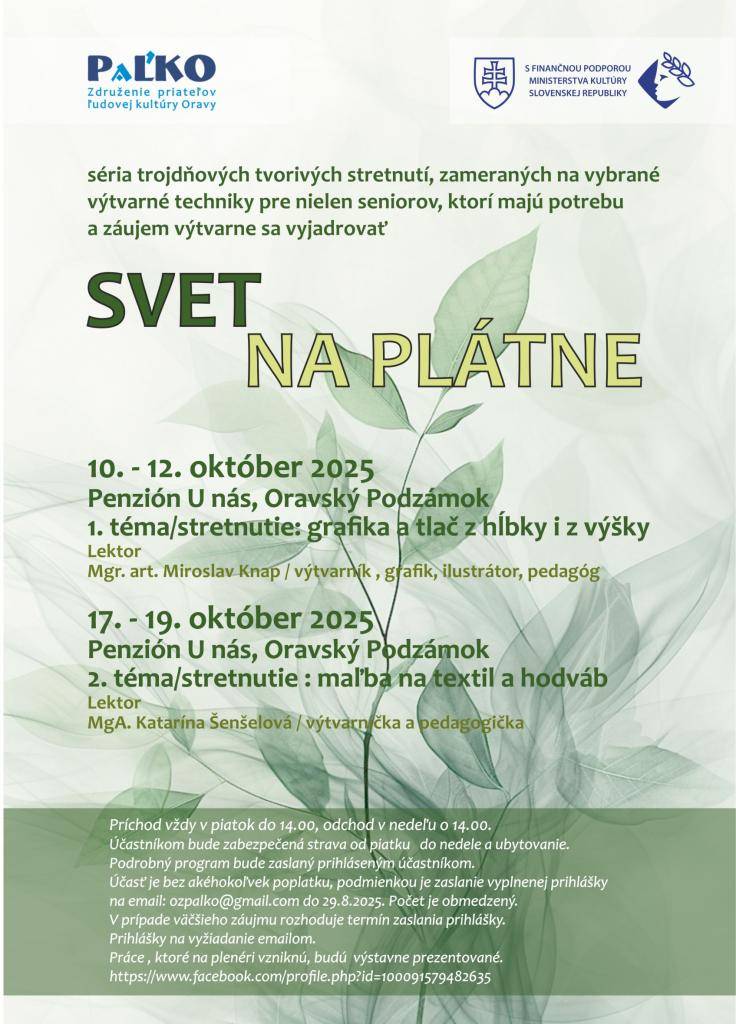 SVET NA PLÁTNE je tvorivé stretnutie pre seniorov zamerané na vybrané výtvarné techniky nielen pre seniorov, ktorí majú potrebu a záujem výtvarne sa vyjadrovať.