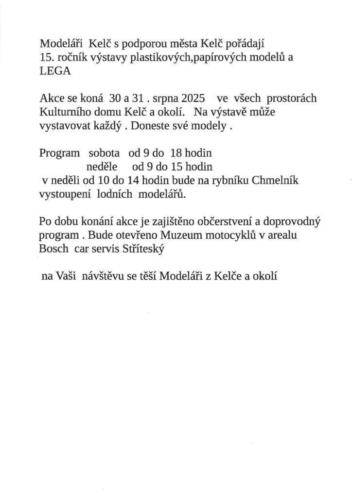 pořádají 15. ročník výstavy plastikových, papírových modelů a LEGA