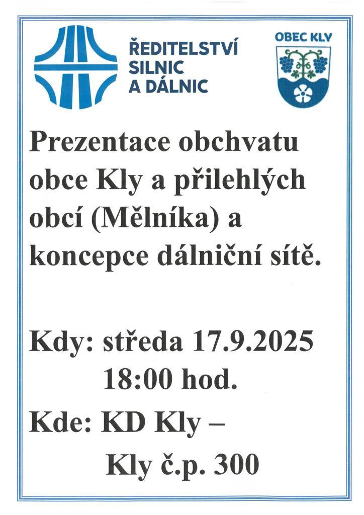 Prezentace ŘSD k obchvatu 17.9.2025 od 18 hod v KD Kly.